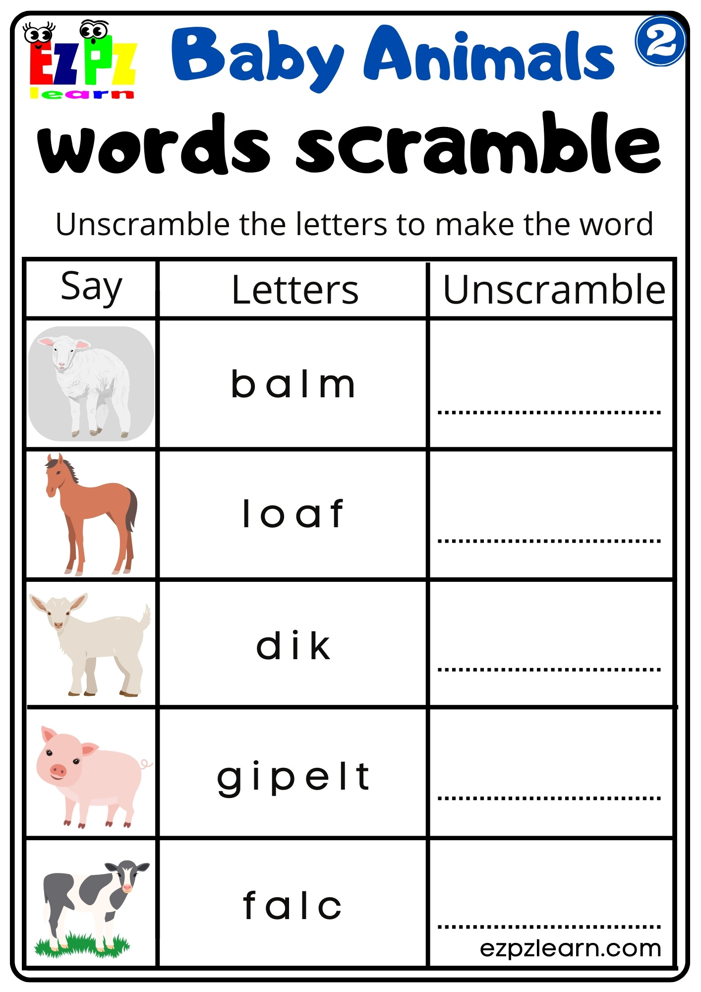 Baby Animals Vocabulary Unscramble and Write the Words Activity for English Language Learners, Preschool and Kindergarten Students Free Download 2